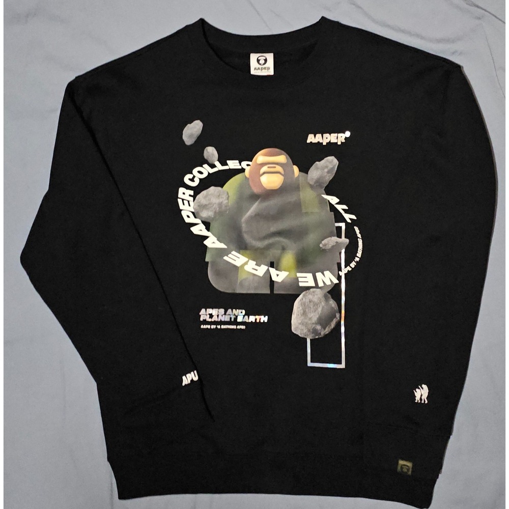 AAPE Aaper By A Bathing Ape Aldo Crew Black‎ Sweater Sz Large Streetwear